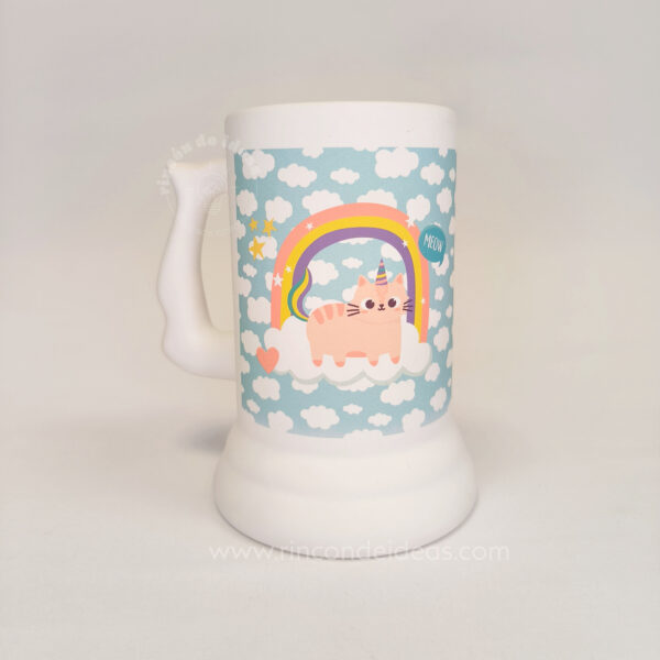 Chopp plástico blanco con asa sublimado con gatito unicornio · Curso de Sublimación