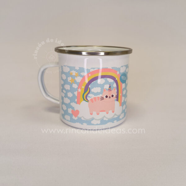 Taza enlozada con borde plateado sublimada con gatito unicornio · Curso de Sublimación