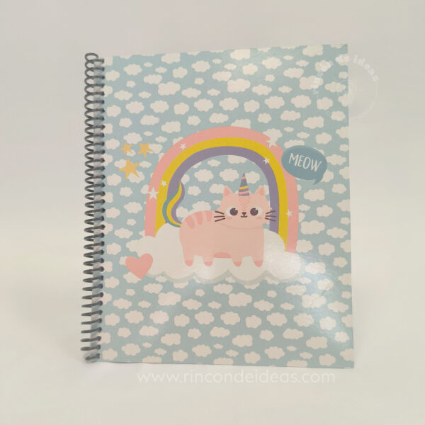 Cuaderno anillado con tapa sublimada de gatito unicornio y arcoíris · Curso de Sublimación