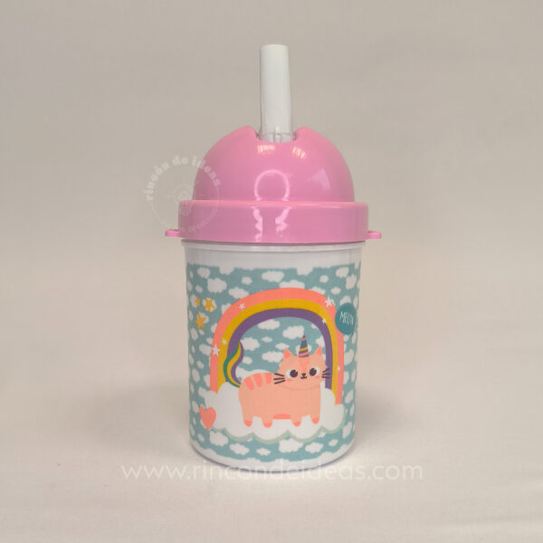 Vaso con tapa domo rosa y sorbete sublimado con gatito unicornio · Curso de Sublimación