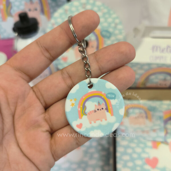 Mano mostrando un llavero redondo sublimado con gatito unicornio · Curso de Sublimación