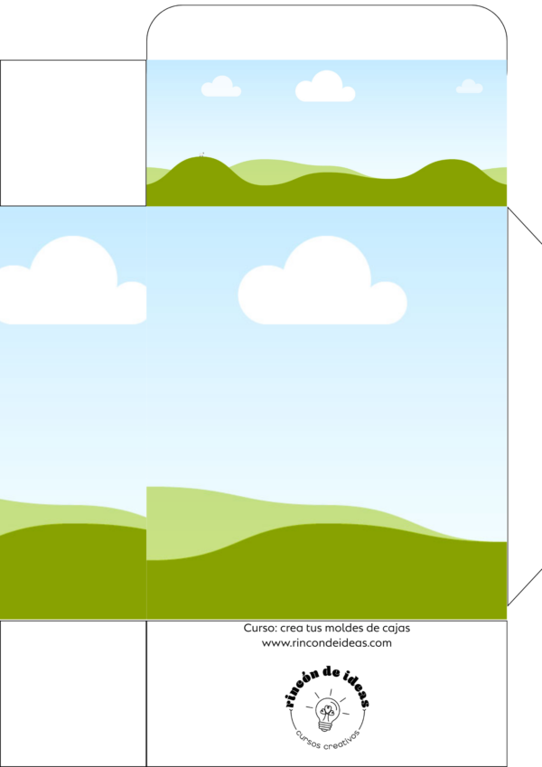 Molde de caja rectangular con tapa decorado con nubes y pasto verde · Curso de Moldes de cajas
