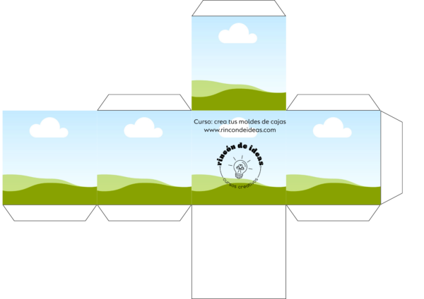 Molde de caja en cruz con tapa decorado con cielo, nubes y pasto · Curso de Moldes de cajas