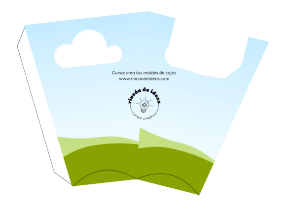 Molde curvo decorado con paisaje de cielo, nubes y colinas verdes · Curso de Moldes de cajas