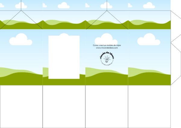 Molde de caja con ventana rectangular decorado con cielo y pasto · Curso de Moldes de cajas