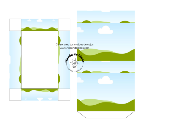 Molde de caja con tapa aparte decorado con paisaje de nubes y pasto · Curso de Moldes de cajas