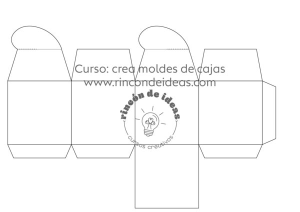 Molde de caja con solapa de cierre redondeada, trazado en líneas grises · Curso de Moldes de cajas