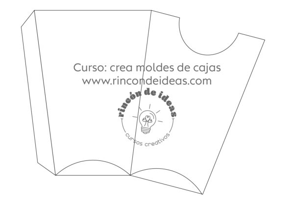 Molde de caja con cierres curvos y recorte en semicírculo, en líneas · Curso de Moldes de cajas