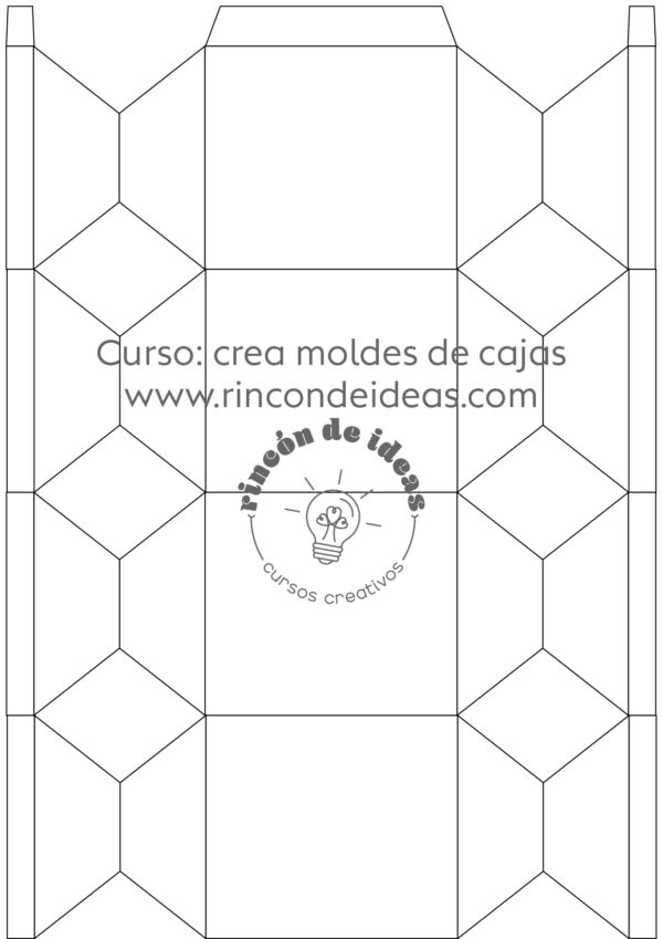 Molde con cierre de rombos repetidos, trazado en líneas grises · Curso de Moldes de cajas