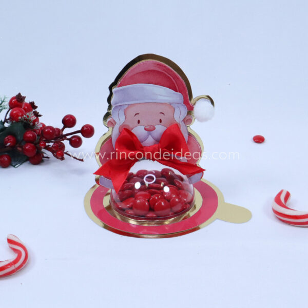 Portaesfera de Papá Noel con moño rojo y confites rojos · Masterclass de calendarios de adviento, esferas y topper