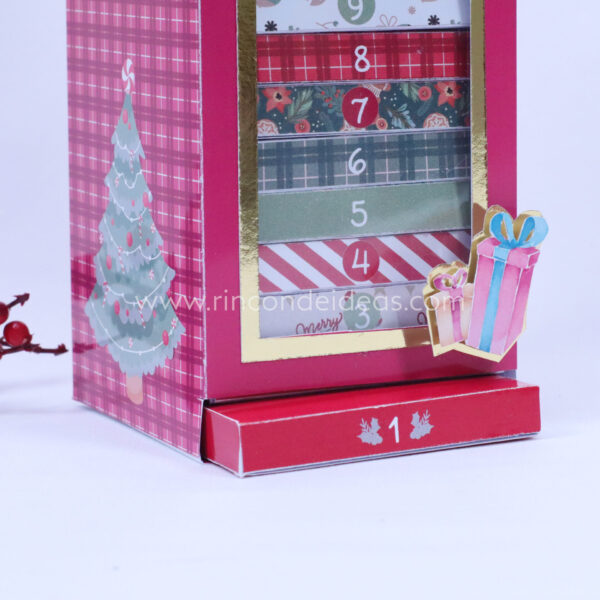 Torre con cajón 1 abierto, arbolito y regalito de papel · Masterclass de calendarios de adviento, esferas y topper