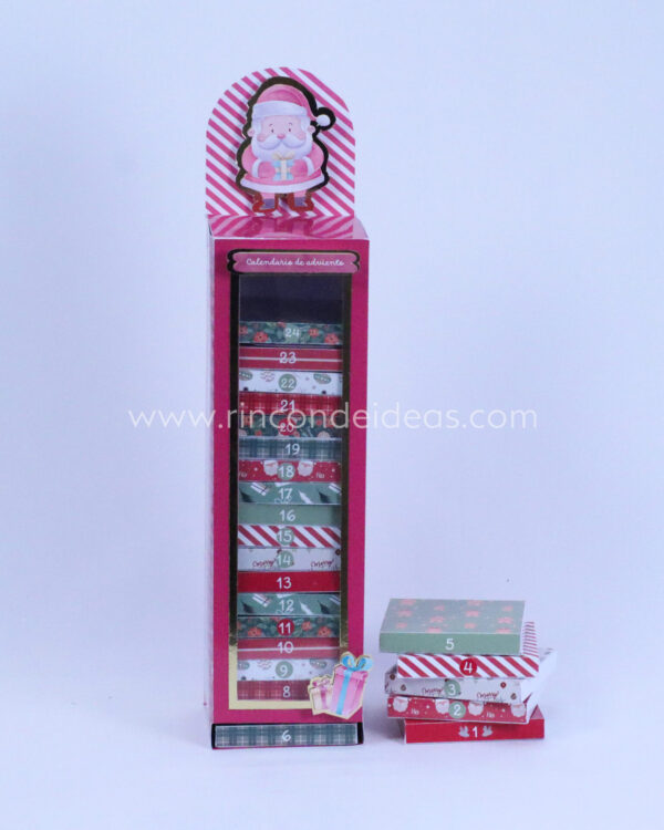 Calendario torre con cajoncitos numerados y Papá Noel arriba · Masterclass de calendarios de adviento, esferas y topper