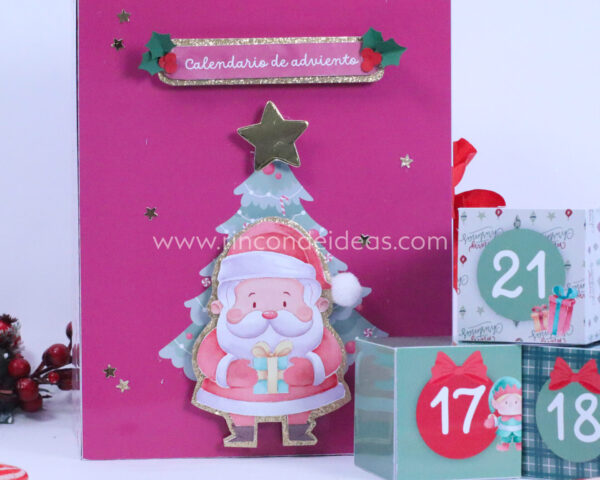 Papá Noel en relieve en tapa fucsia con estrellitas doradas · Masterclass de calendarios de adviento, esferas y topper