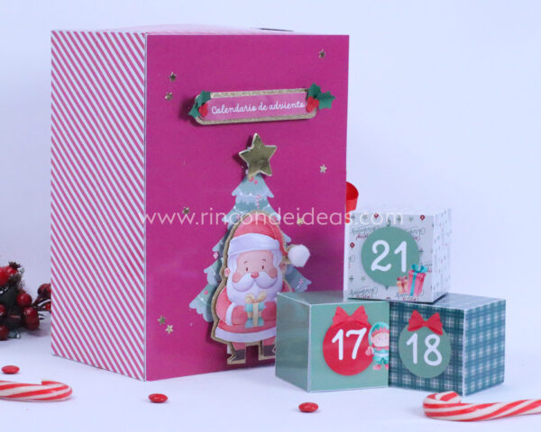 Calendario cerrado con rayas rosas y cajitas 17, 18 y 21 · Masterclass de calendarios de adviento, esferas y topper